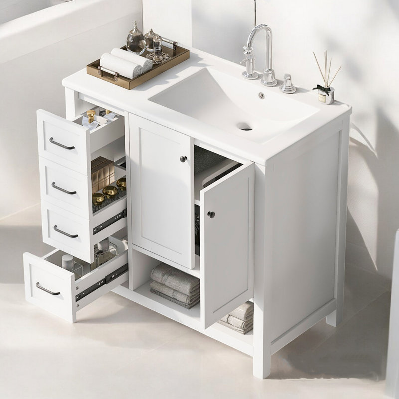 Meuble-lavabo simple 36 po avec comptoir en céramique, Blanc, Noir