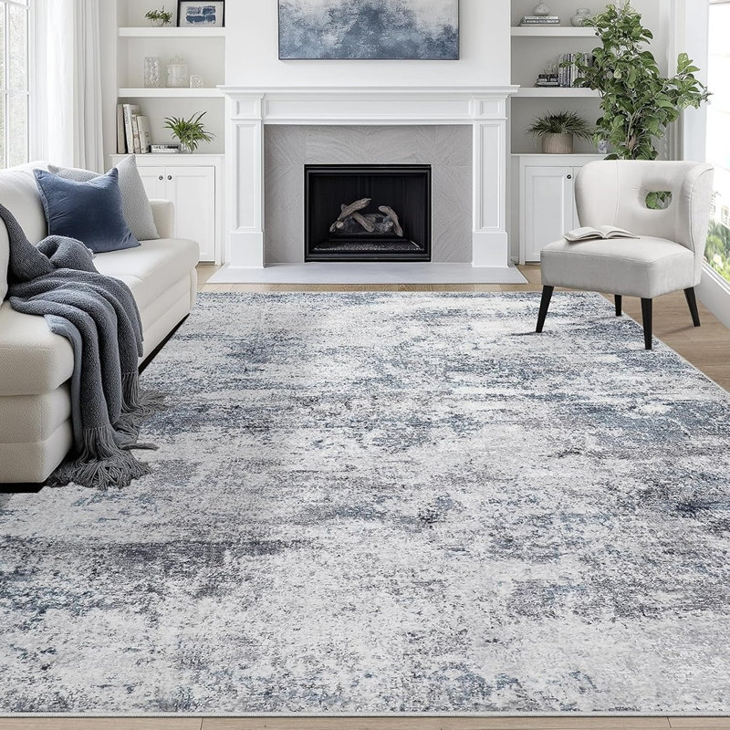 Tapis abstrait bleu-gris, lavable, à poils courts et antidérapant, idéal pour le salon ou la chambre.