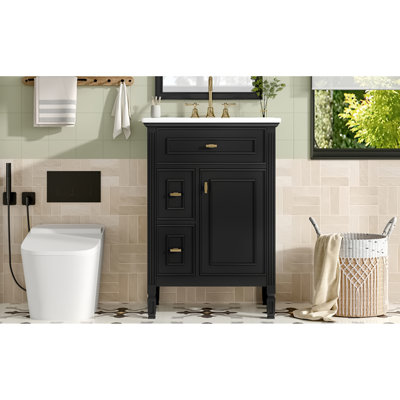 Meuble-lavabo de 24 po avec lavabo, armoire en bois massif et panneau de fibres à densité moyenne avec un tiroir rabattable, deux tiroirs standard et une tablette réglable, meuble-lavabo noir autoportant pour le rangement de la salle de bain