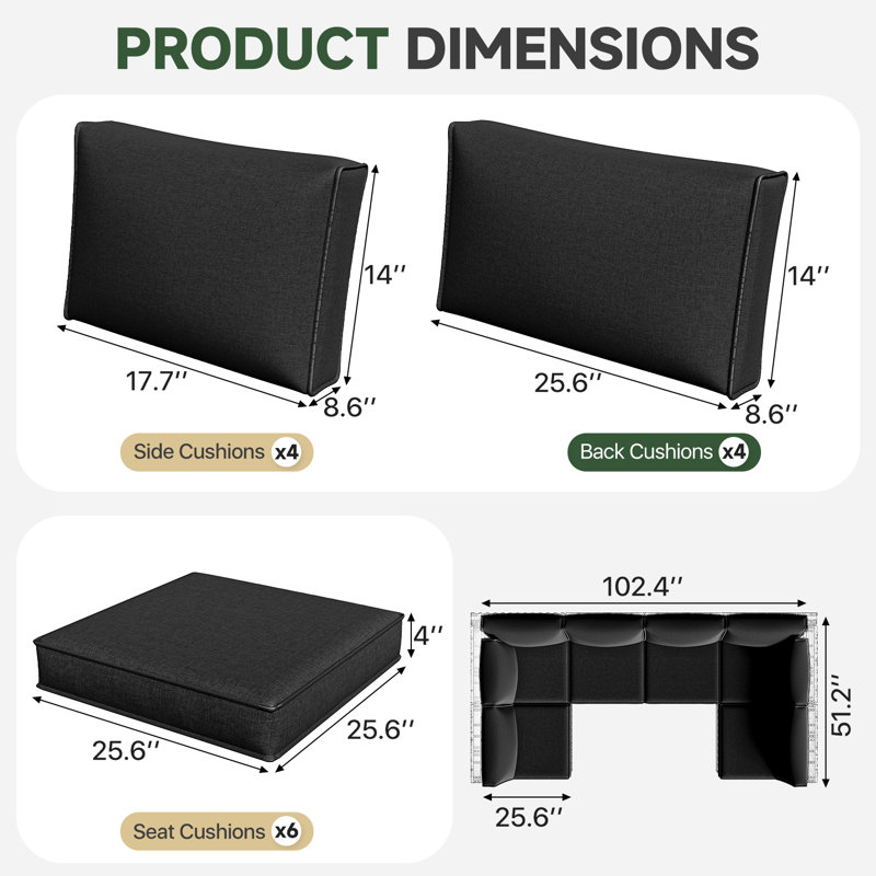 14-pcs 4" Thick Patio Cushion Covers – Water-resistant Replacements For 6-seat Sectional Sofa, Black
