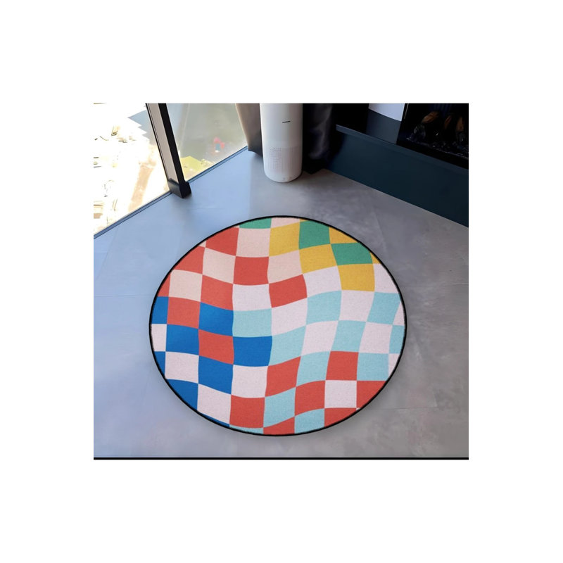 Retro Multicolored Abstract Square Patterned Woven Base Decorative Carpet, Round 4'