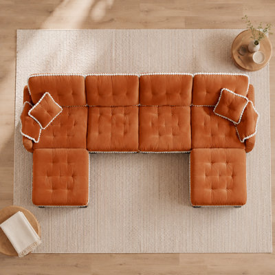 Casselman 4-Seater Chenille U-Shaped Sectional Sofa with 2 Movable Ottomans, Quilted Tufting, Pom-Pom Trim and 4 Pillows
