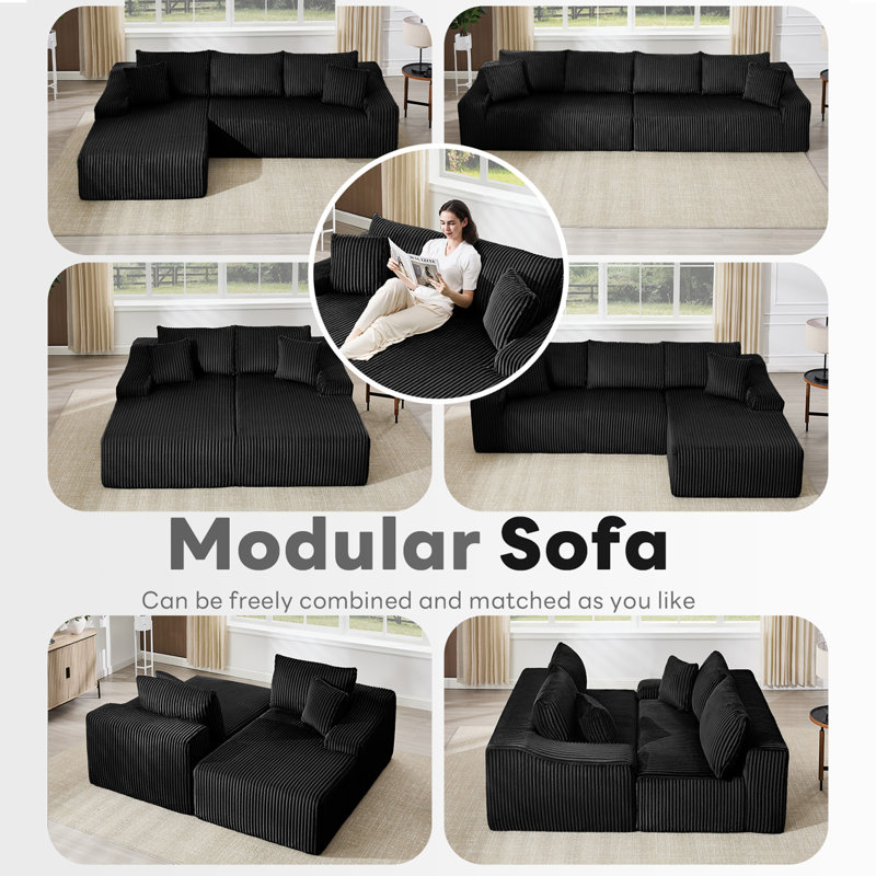 Canapé modulaire rembourré moderne en velours côtelé avec 2 coussins, Black