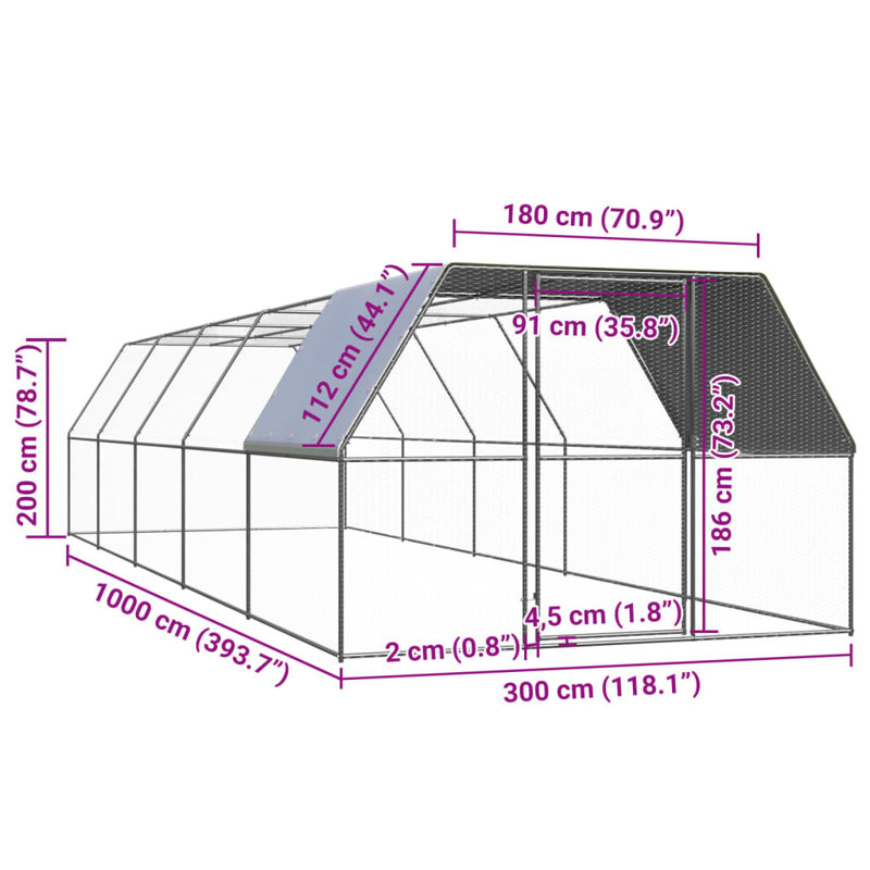Cage à poules avec cage en acier galvanisé, 79" H x 118" W x 394" D, avec toit partiellement couvert