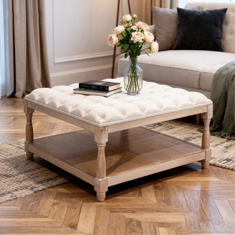 Grandes tables basses carrées de 33 pouces avec repose-pieds carré pour le salon, repose-pieds capitonné en lin avec tablette de rangement et pieds solides pour le bureau