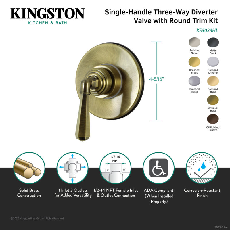 Kingston Brass Single-Handle Wall Mount Three-Way Diverter Valve with Trim Kit, Brushed Brass