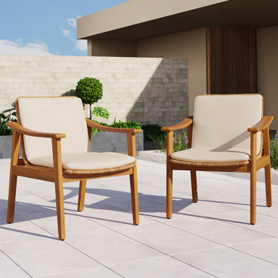 Ensemble de 2 chaises de salle à manger d'extérieur, structure en bois d'acacia couleur teck, osier PE brun, coussin imperméable beige, idéal pour les patios et les jardins