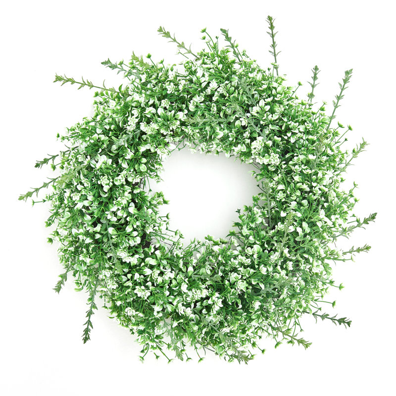 Couronne artificielle de 66 cm avec graines blanches – Décoration de porte en fausse verdure, style champêtre, idéale pour le printemps, l'été et toutes les saisons, verte