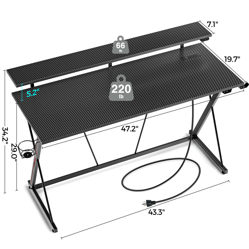 Gaming Desk with LED Lights & Power Outlets, Computer Desk with Monitor Shelf, 34.20" H x 47.20" W x 19.70" D