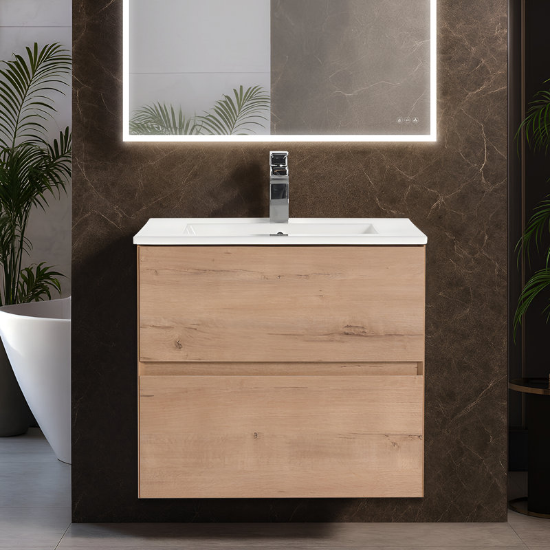 Meuble-lavabo mural 24 po avec lavabo - Armoire murale en bois avec plateau en céramique, tiroirs à fermeture en douceur et meuble-lavabo simple moderne