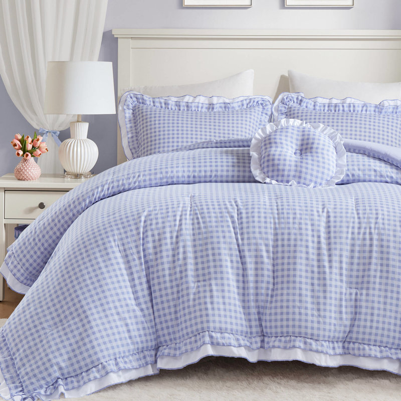 Édredon 4 pièces, motif, double bordure à volants, coussin blanc assorti, microfibre brossée, deuxième couche douce, lavable en machine ronde