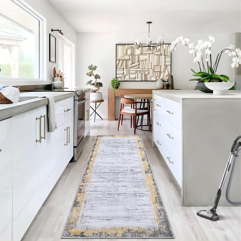 Machine Washable Rugs Bordered Modern Non-Slip Low Pile Rubber Backing Indoor Area Rug for Living Room Bedroom Kitchen Dining Room