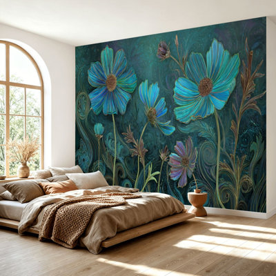 Peel and Stick Wallpaper 69" L x 96" W Modern Self Adhesive Wall Mural for Bedroom - With Mystical Botanical Galaxy Flowers Print