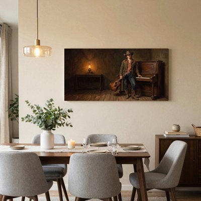 Woman in Cowboy Hat with Guitar and Piano Canvas Wall Art 47 x 24 x 1.5 Inch