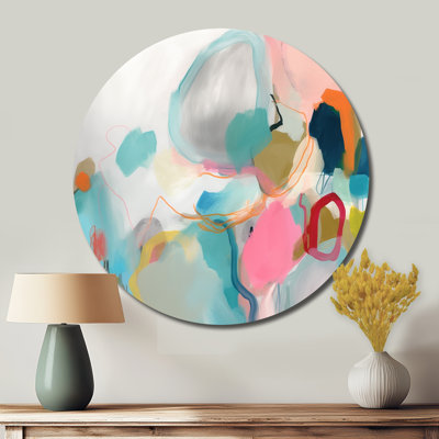 Pink Blue Minimalims Fludity II - Abstract Round Metal Art