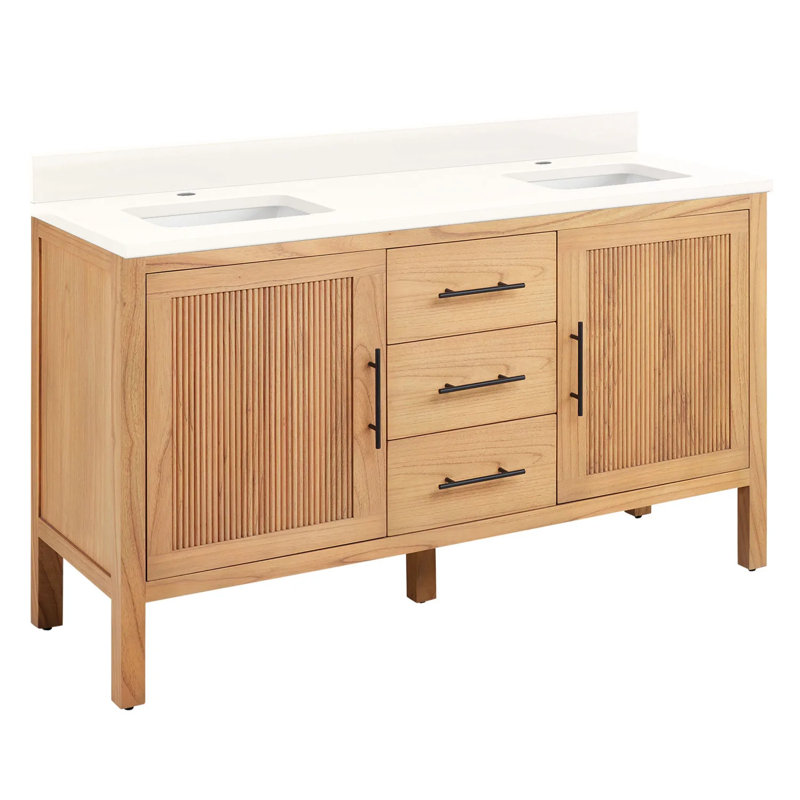 60" Ayanna Double Bathroom Vanity Set with Rectangular Undermount Sinks, Arctic White Quartz, Single-Hole