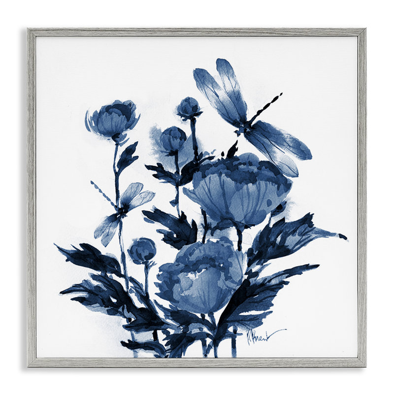 Indigo pivoines et libellules, estampe numérique, conception de Paul Brent, Estampe numérique Farmhouse, H 24 po x l 24 po