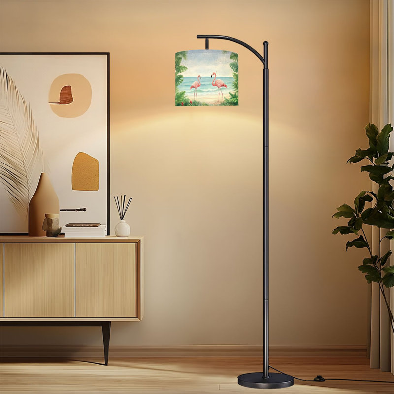 Lampe sur pied à arc avec flamants roses, plage, plantes tropicales, vue sur l'océan, lampe pour la chambre à coucher à intensité variable avec télécommande et ampoule incluse