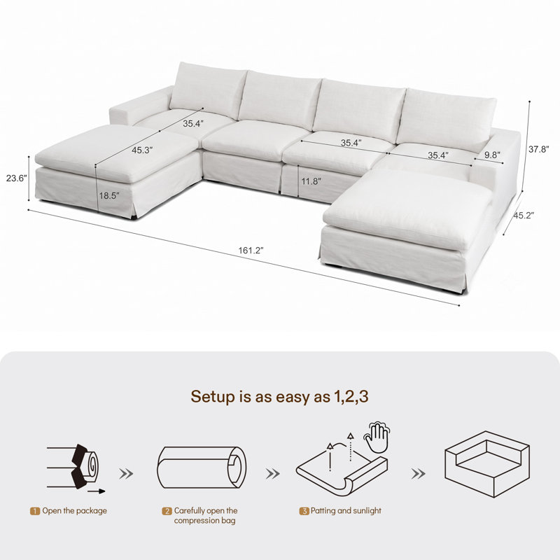 Boneless 161.2" Oversized Cloud Sectional Sofa, Feather & Foam Filled U-Shaped Modular Couch with 35.4" Extra