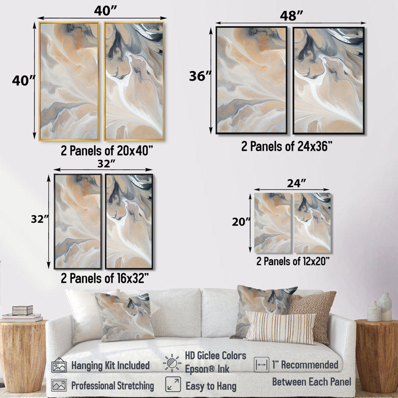Marbre abstrait avec copie de l'espace VII - art mural moderne gris 2 panneaux, H 32 po x l 32 po, Toile tendue