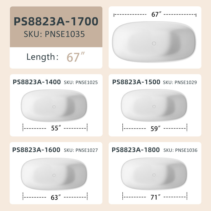 67'' x 33.46'' Soaking Solid Surface Bathtub