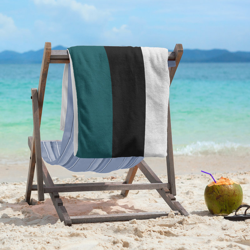 Cotton Blend Beach Towel, Black/Aqua/Off White