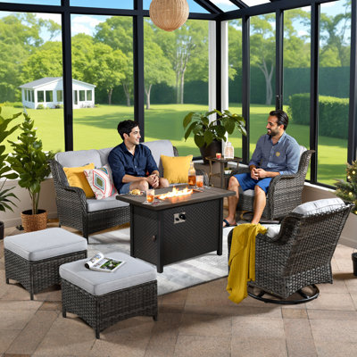 Outdoor 7 Piece Patio Furniture With Fire Pit Table,wicker Conversation Set With Swive Chairs, Comfy Deep Sofa With Ottoman For Outside Porch Balcony by Lark Manor
