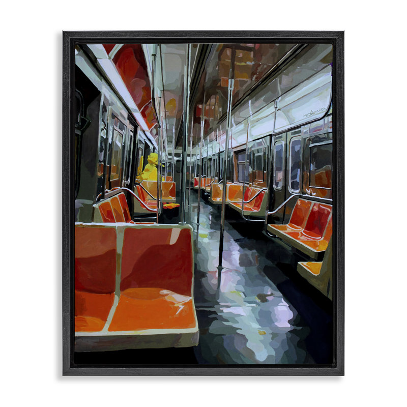 Personnage d'oiseau dans un train flottant, conception de Keith Thomson, Cadre flottant noir de jais, H 21 po x l 17 po