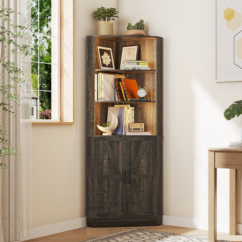 Caleal Lighted Curio Bookcases, Rustic Brown