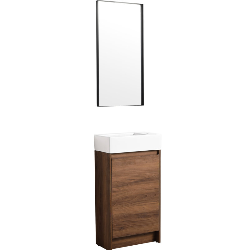 Meuble-lavabo autoportant de 18 pouces avec lavabo simple. Armoire à portes à fermeture douce. Lavabo en céramique. Assemblage sans couture de l'armoire de 18 po en contreplaqué brun ébène pour les petites salles de bain.