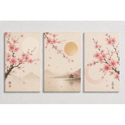 Large Set of 3 Japanese Cherry Blossom Wall Art, Zen Sakura  Canvas Prints for Bedroom Living Room Decor, 16x24 Inch Canvas Print - Ready to hang