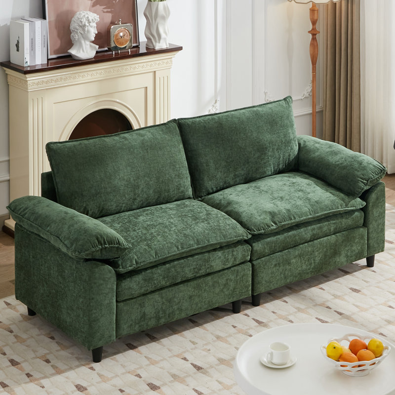 80.31" Chenille Upholstered Sofa, Comfy Cloud Couch with Ottoman, Green
