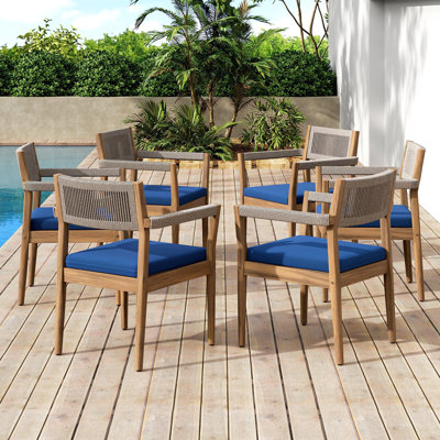 Chaises de salle à manger d'extérieur toutes saisons en bois tressé 6 pièces avec corde beige et coussins bleu marine