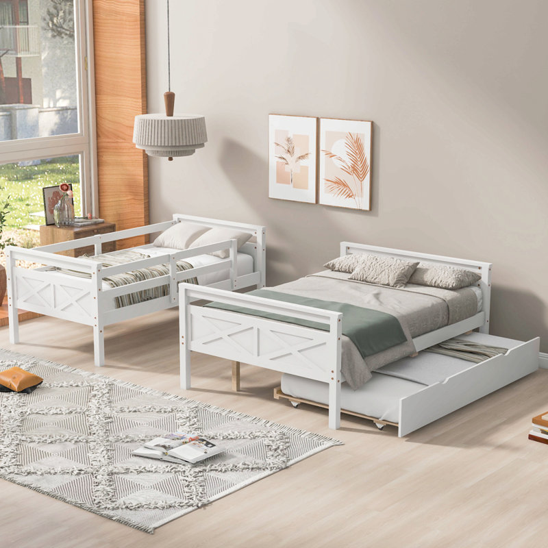 Lit simple superposé au dessus d'un lit double avec échelle, lit gigogne simple, barrière de sécurité, Blanc