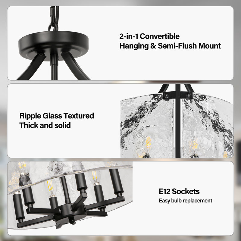6-light Modern Black Candle Drum Dimmable Chandelier With Water Textured Glass: