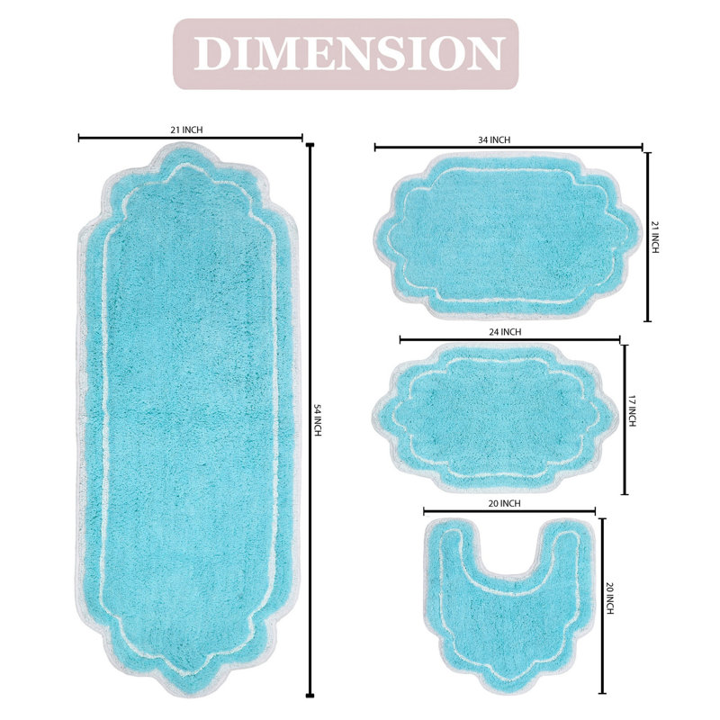 Dobrinsky 100% Cotton Bath Rug and Contour Mat, Machine Washable, Quick Dry, Absorbent - 4 Piece Set, Turquoise