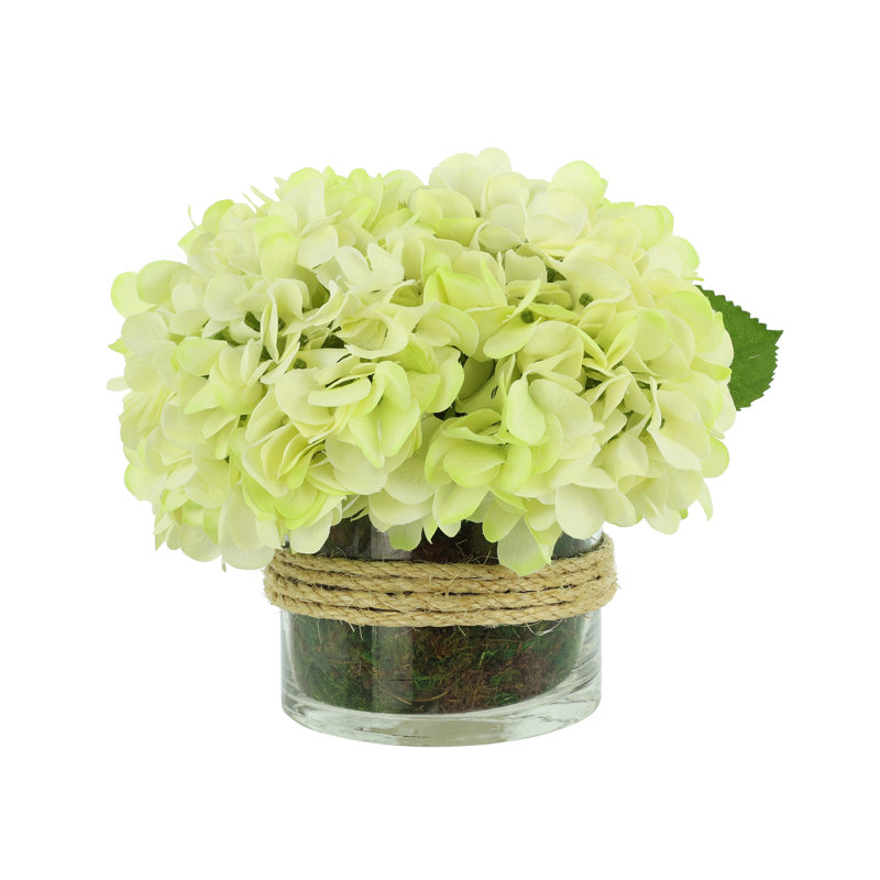 Sarina Hydrangea Floral Arrangement in Glass Vase with Moss, Yellow