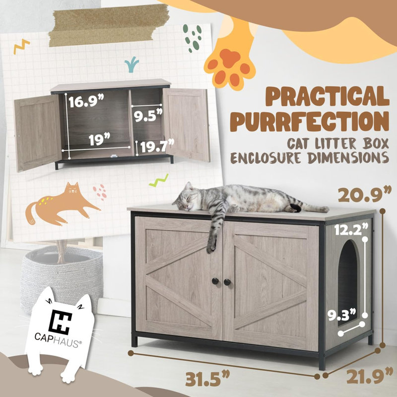 Meuble à litière double en bois pour cadre de chat en bois gris, H 20,9 po x l 21,9 po x P 31,5 po
