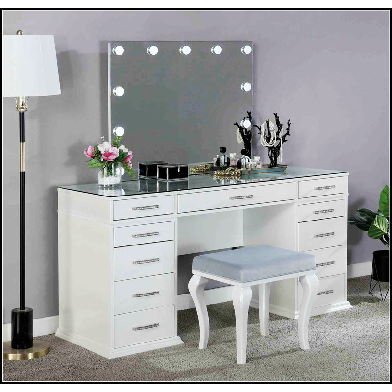 Glam Style Vanity Set With Padded Stool, 8Mm Glass Top, Storage Drawers, And LED-Lit Mirror For Luminous Bedroom Decor