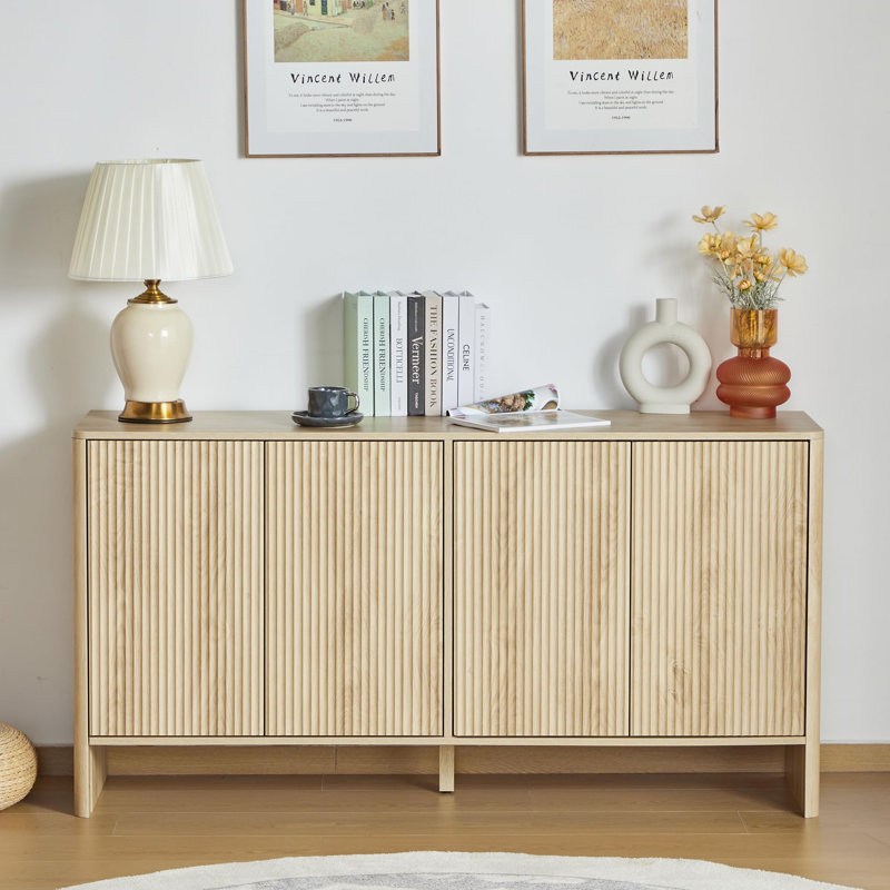Armoire de rangement moderne avec 4 portes cannelées et tablettes réglables, Naturel