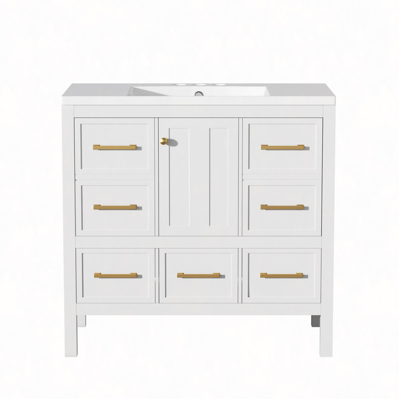 Ensemble de meuble-lavabo 36 po avec lavabo en résine, armoire de rangement en bois massif, ensemble de meuble-lavabo autoportant avec 5 tiroirs et portes à fermeture douce