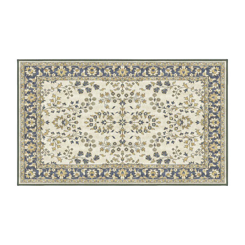 Tapis bleu / beige en chenille / polyester tissé à la main Deshan, Rectangle 7 pi x 9 pi