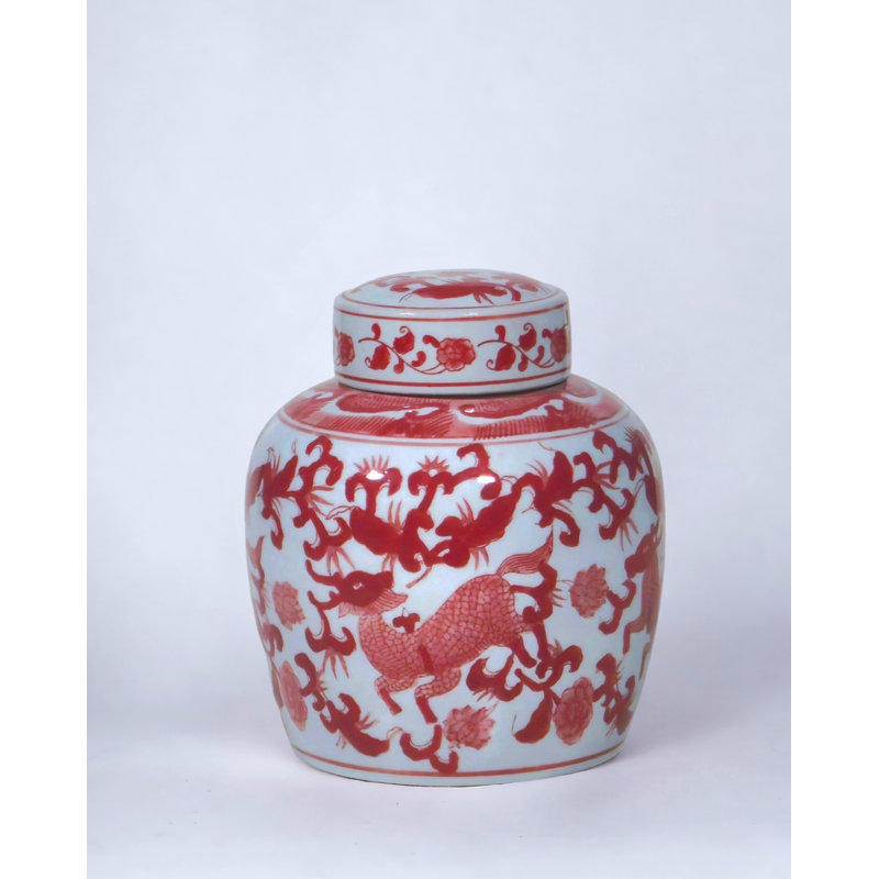 9" Porcelain Ginger Jar with Chinoiserie Deer Design, Red