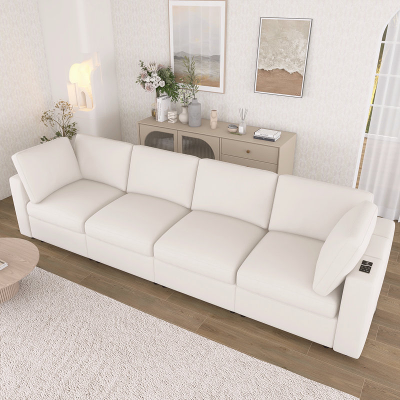 113" Unholstered Sectional Sofa- Storage, Charging & Bluetooth, Beige