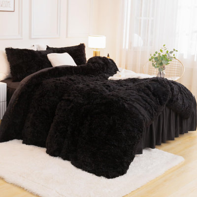 Andency King Size Comforter Set Black, Fluffy Winter Faux Fur Warm Soft Plush Bedding Comforter Set (1 Velvet Comforter & 2 Pillowcases), Fuzzy Thick Heavy Puffy Comforters Bed Set