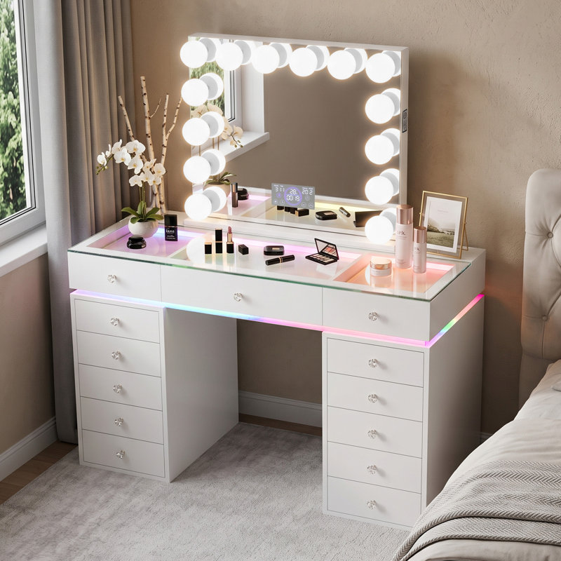 Vanity Set with High-Definition Glass Top, LED Mirror, Power Outlet, 13 Drawers & Crystal Knobs, White