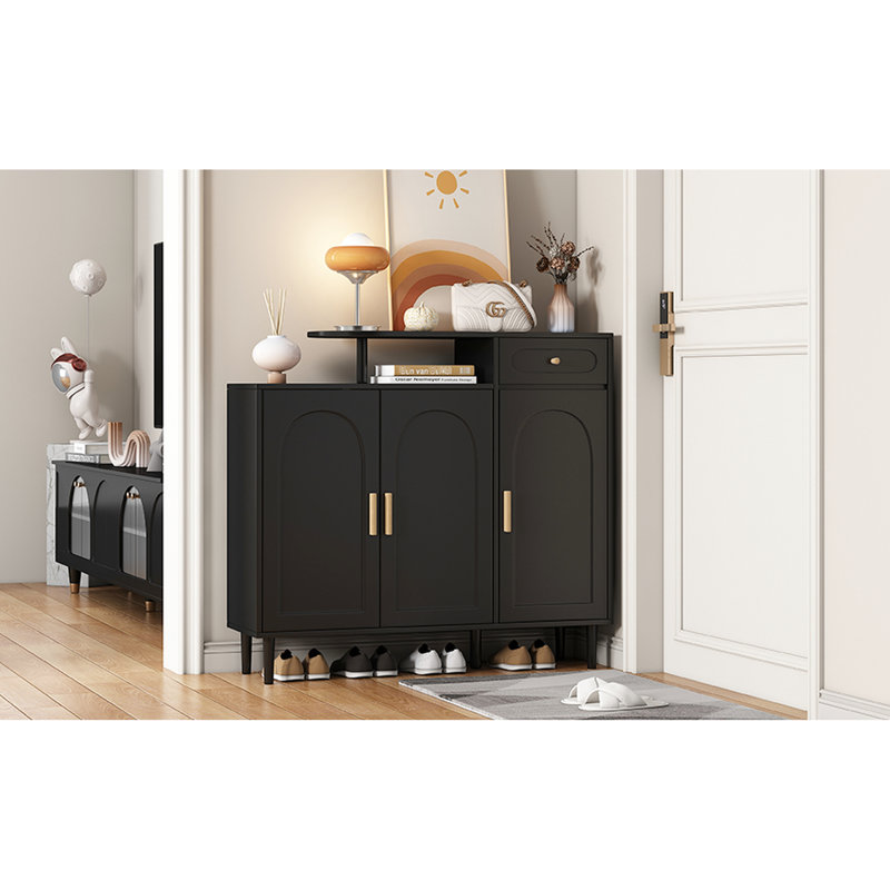 Armoire à chaussures Amma noire avec pieds et tablettes spacieuses, Noir