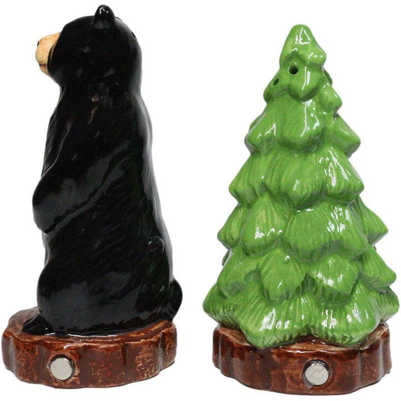 Wildlife Rustic Forest Black Bear And Pine Tree Ceramic Salt Pepper Shakers Set