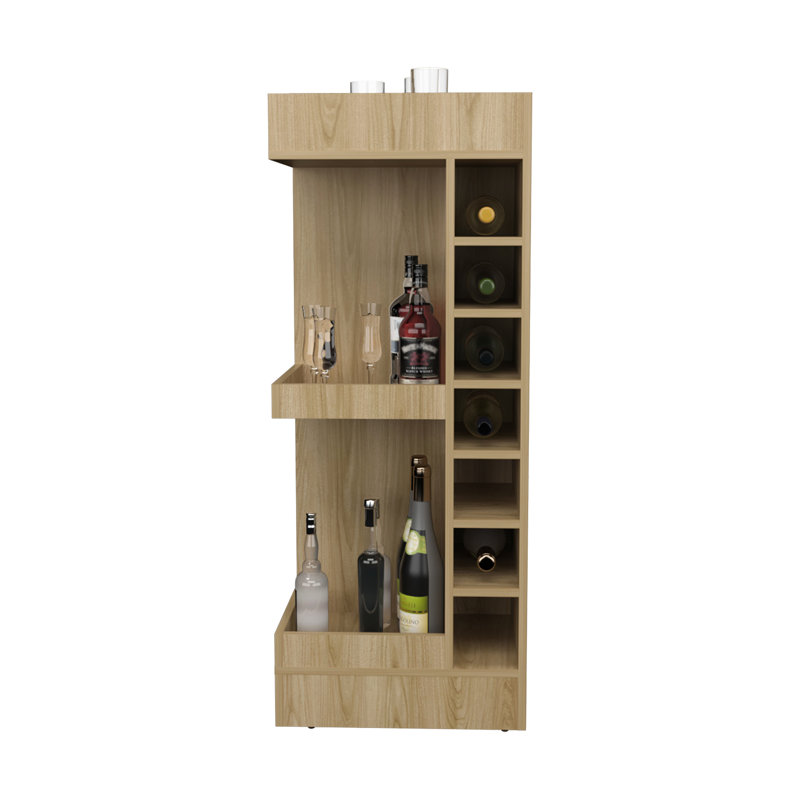 Armoire de bar en chêne de 46 po de hauteur - 14 bouteilles d'alcool et 2 tablettes ouvertes pour le rangement de meubles de salon modernes