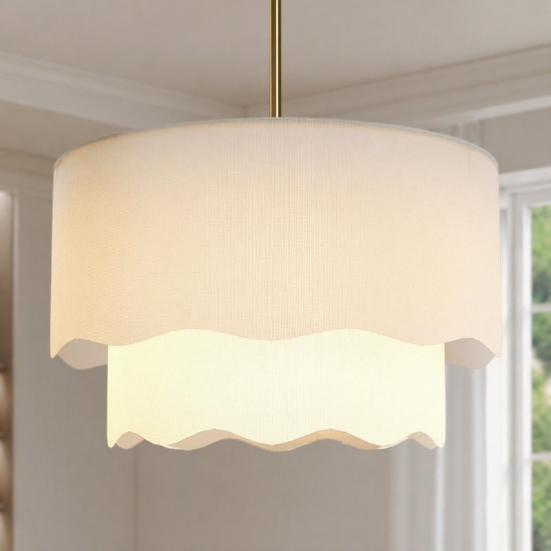 Luminaire suspendu de style campagne moderne à 2 niveaux avec lustre 19,6 po en tissu blanc pour chambre à coucher, salon, salle à manger, entrée